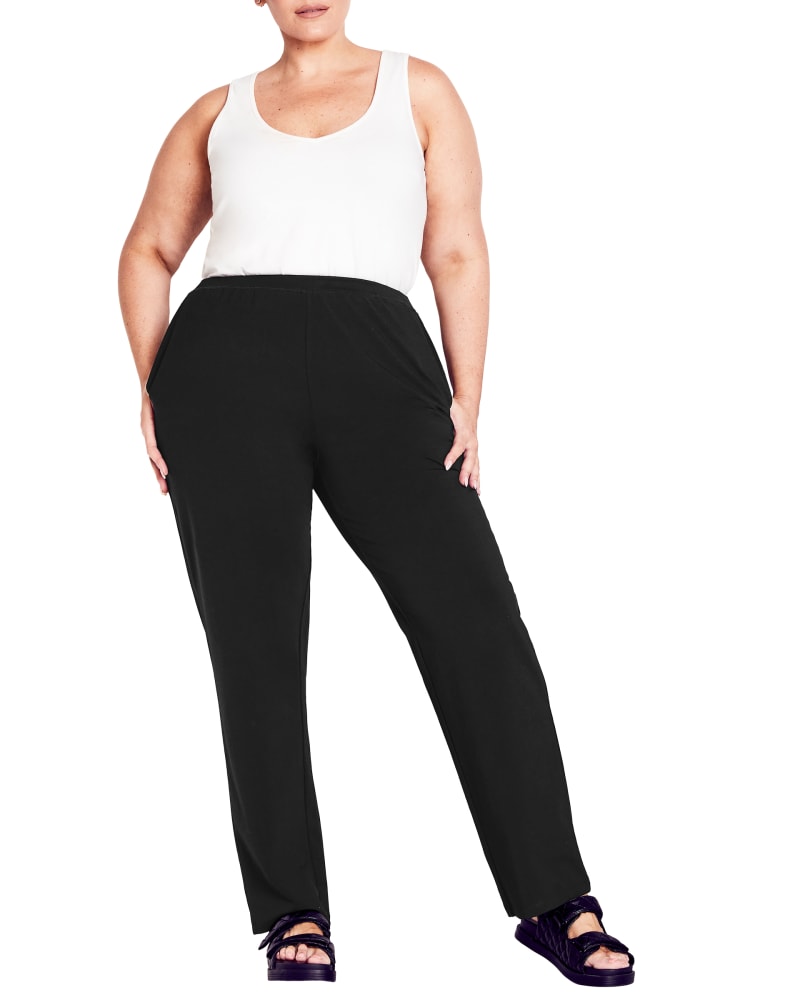 Front of a model wearing a size 18/20 Mary Active Pant in Black by avenue. | dia_product_style_image_id:300384